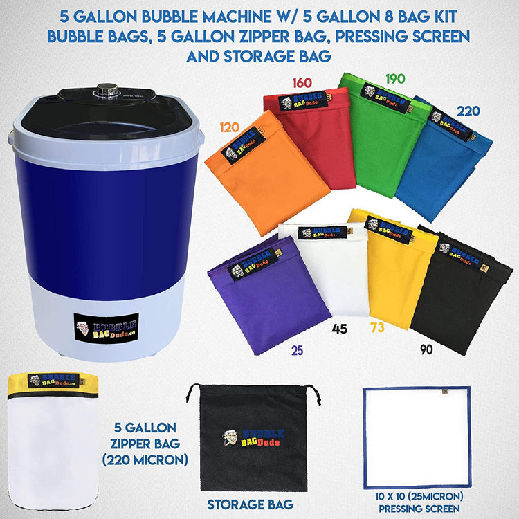 BUBBLEBAGDUDE Bubble Bags Machine 5 Gallon 8 Bag Set - 5 Gallon 110 Volts Mini Washer Herbal Ice Essence Extraction Kit with 5 Gallon Zipper Bag & 10x10” (25 Micron) Pressing Screen & Storage Bag