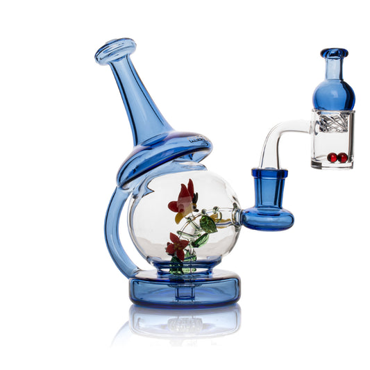 Red Eye Glass 6.5" Tall Sapphire Blue Butterfly Concentrate Recycler Set